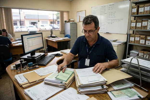 Despachante organizando documentos para transferência de veículo em Dourados/MS.